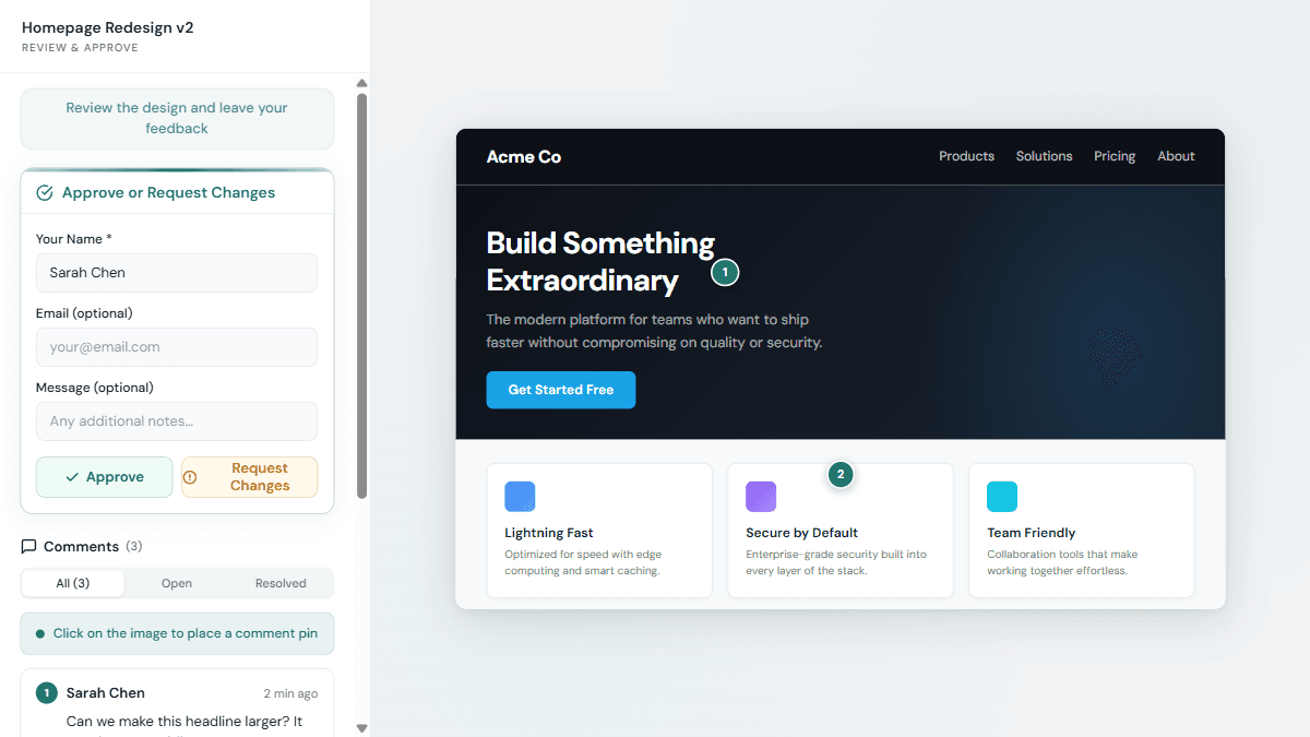 Client view of the share page