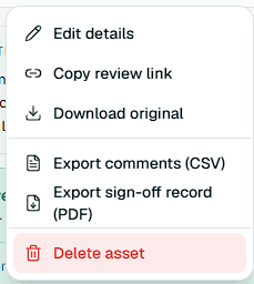 Aligno asset menu with Export comments (CSV) and Export sign-off record (PDF)