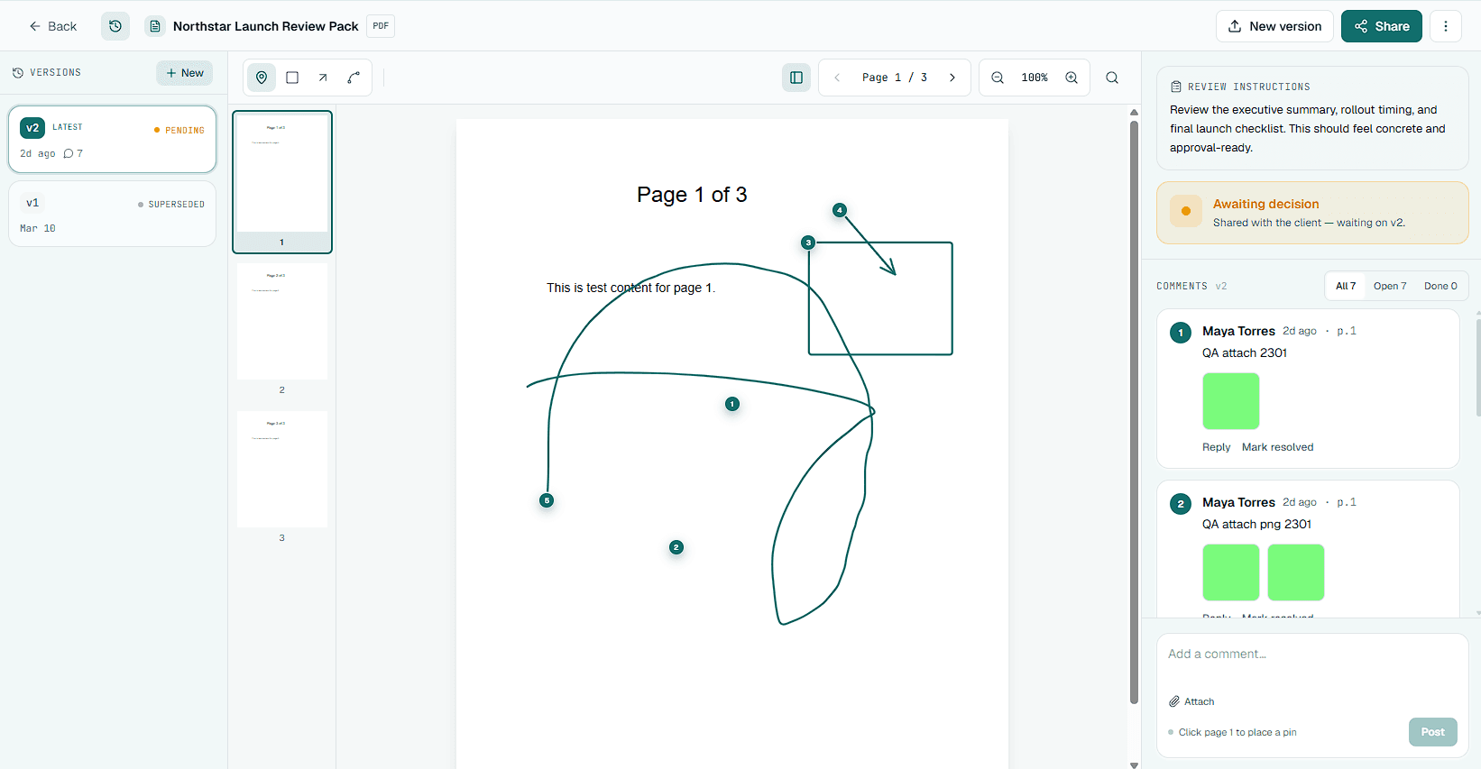 Aligno PDF review: pinned comments and markup on a document page, with the comment thread