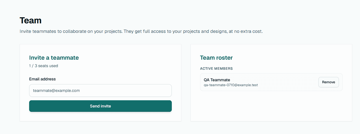 Team settings in Aligno: invite a teammate, seats used, and the active team roster