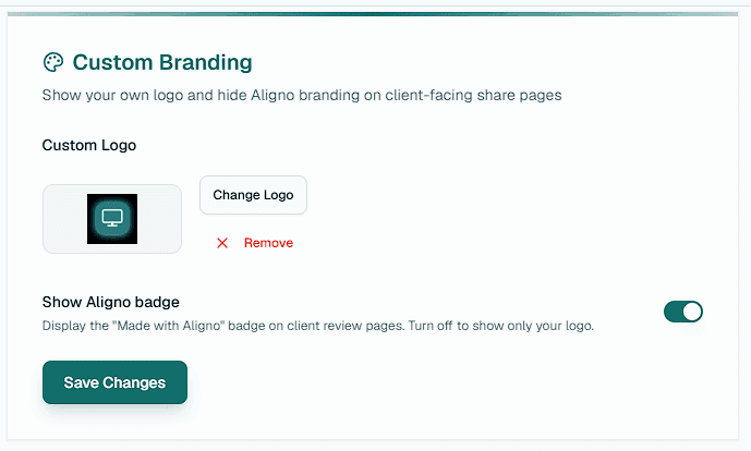 Custom Branding settings in Aligno: upload a logo and toggle the Made with Aligno badge