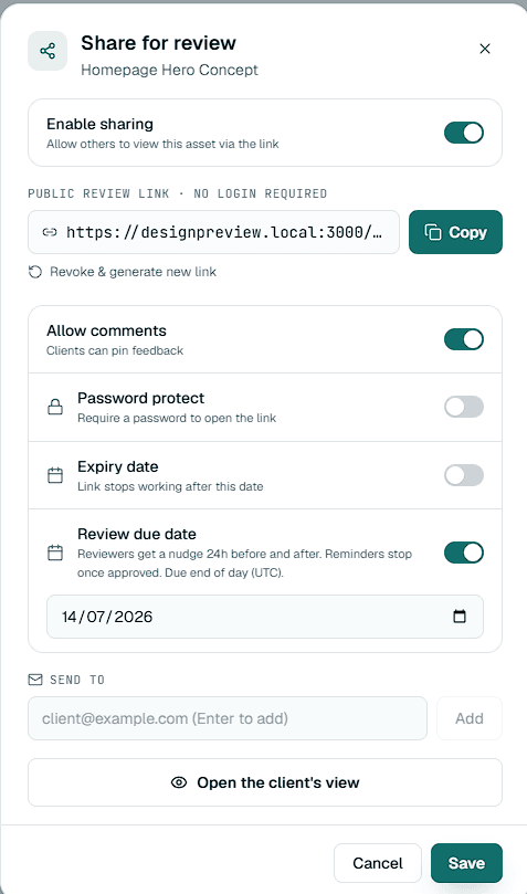 Aligno share dialog showing the Review due date toggle enabled with a date set